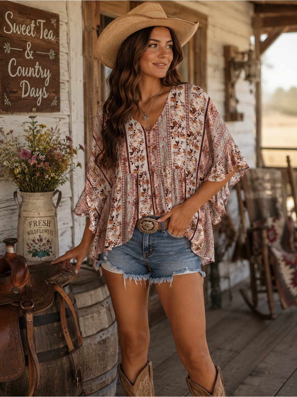 Andree by Unit Boho Floral Ruffle Sleeve V-Neck Top